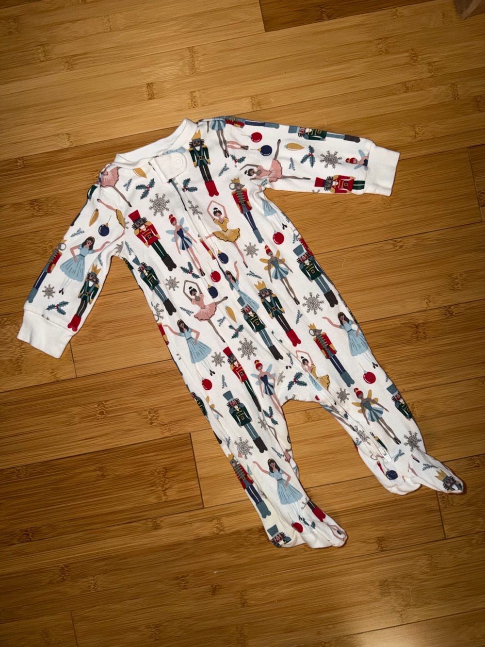 White Nutcracker Printed Footed One-Piece Pajamas